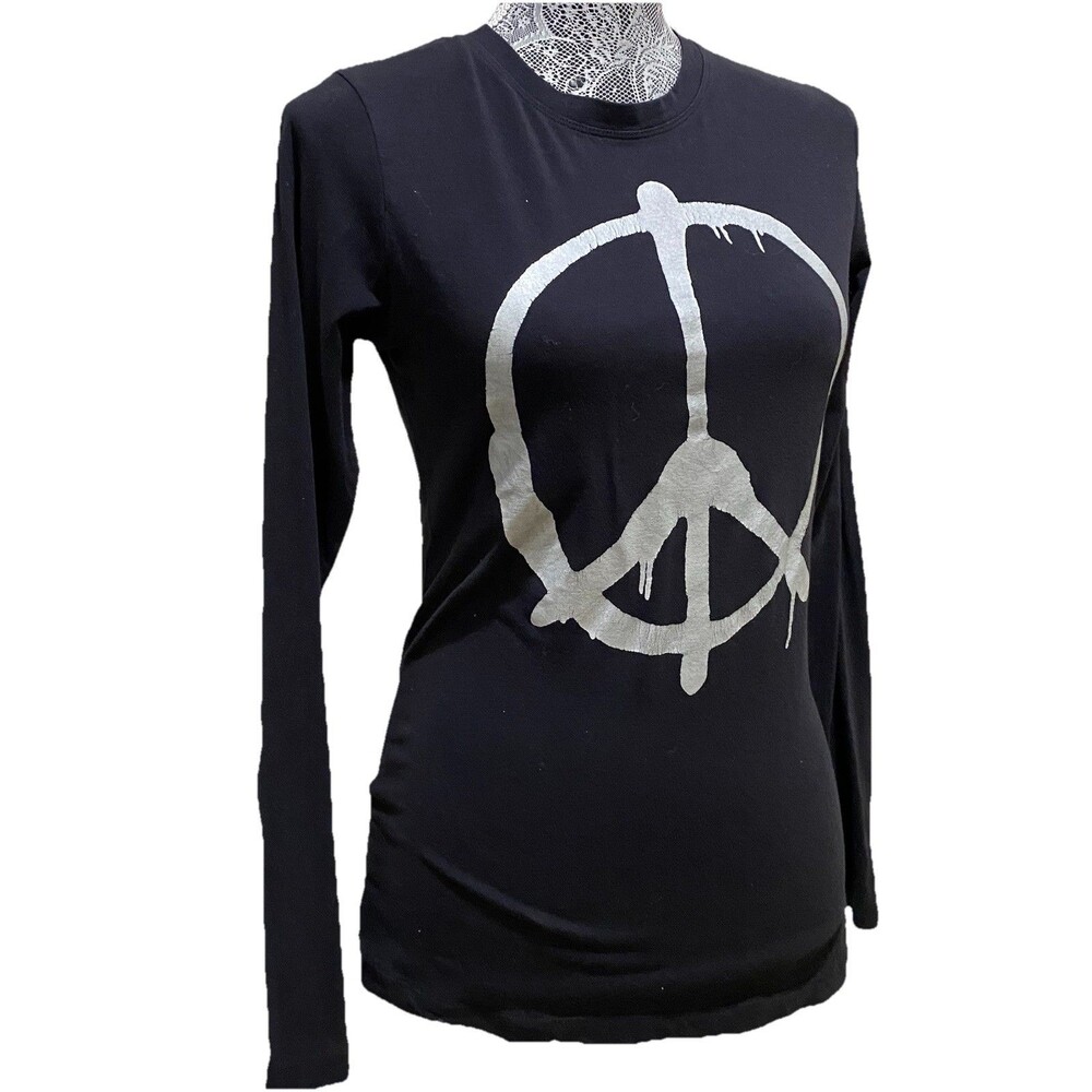 ISDA & CO Peace Sign Graphic Long Sleeve Black Metallic Foil Stretch Top XS - Picture 14 of 15